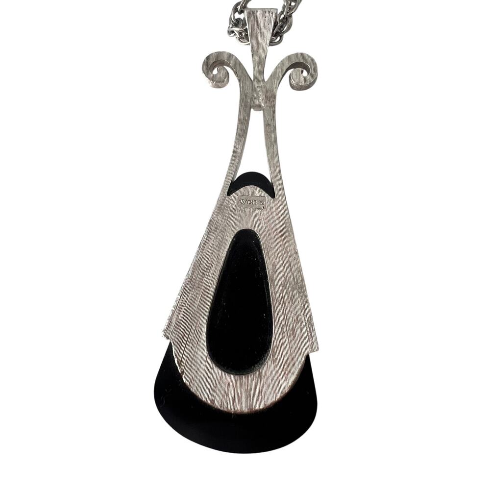 Vintage Avon Pendant Necklace 24" Silver Tone Modernist Black Statement 1970s - Picture 7 of 11